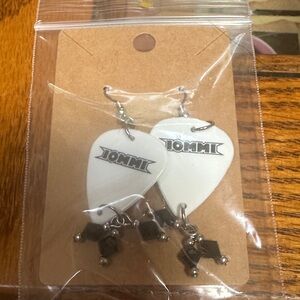 White Guitar Pick Earrings with Black Accents